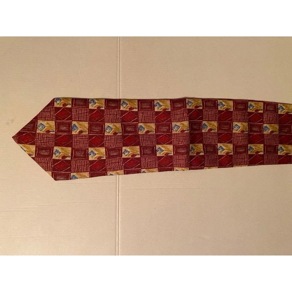 Chatterbox Joe Boxer Mens Silk Tie Geometric Grid Burgundy Gold Made in Italy